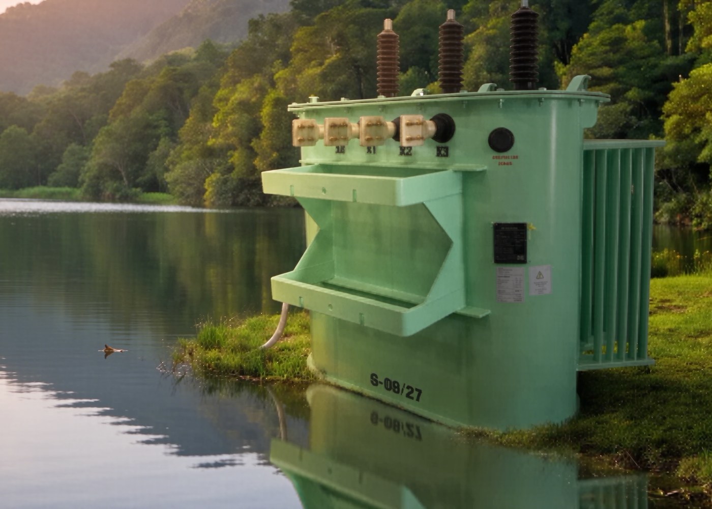 Transformador Ecogreen BREDA isolado com óleo vegetal, instalado à beira de um lago