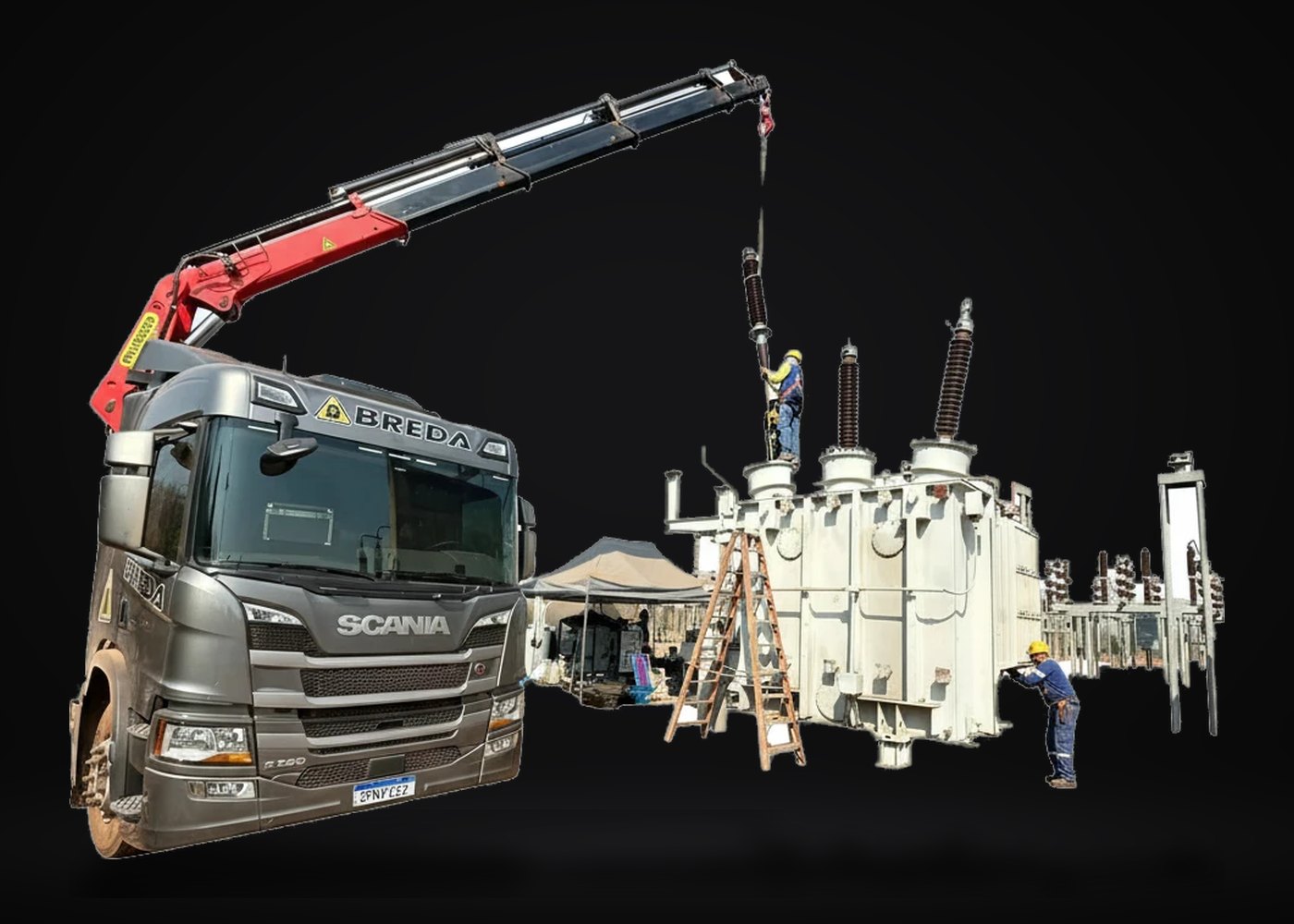 Caminhão munck da BREDA instalando bucha em transformador de potência numa subestação