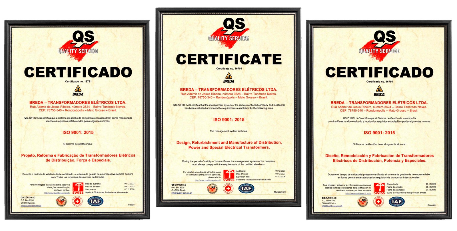 Os três certificados ISO 9001:2015 da BREDA, em português, inglês e espanhol